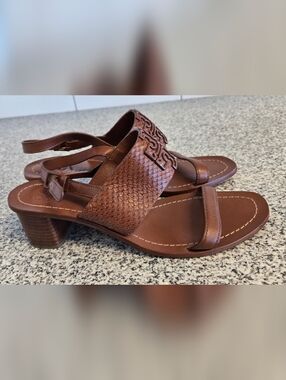 Tory Burch Brown Leather Slingback Sandals with Textured Strap